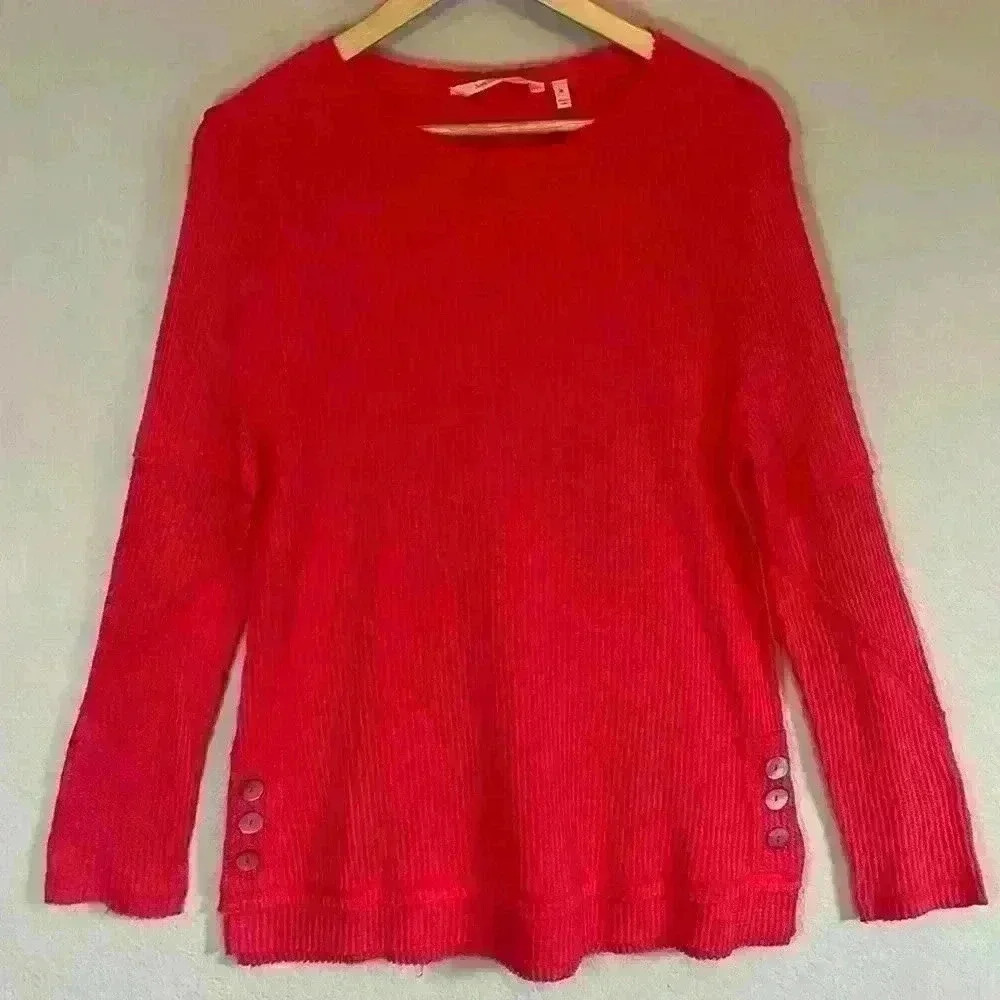 Soft Surroundings Coral Waffle Knit Long Sleeve Top Button Accent Size Medium